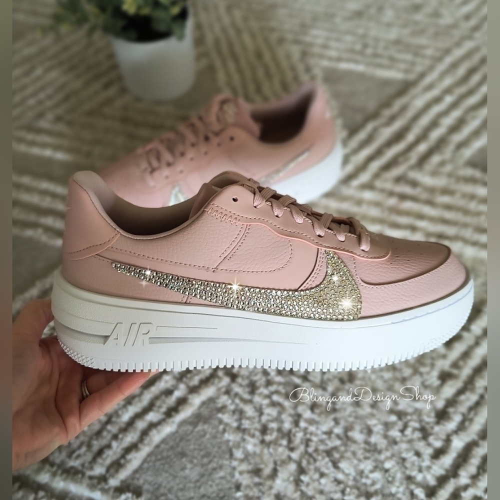 Womens Pink Nike Air Force 1 Platform Sneakers Shoes Made With Crystals